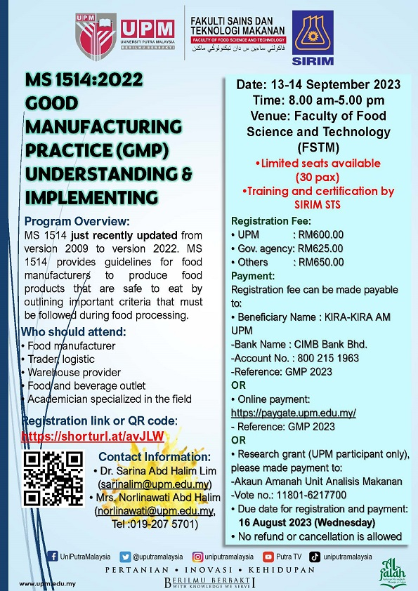 TRAINING ON MS 1514:2022 GOOD MANUFACTURING PRACTICE (GMP) UNDERSTANDING & IMPLEMENTING